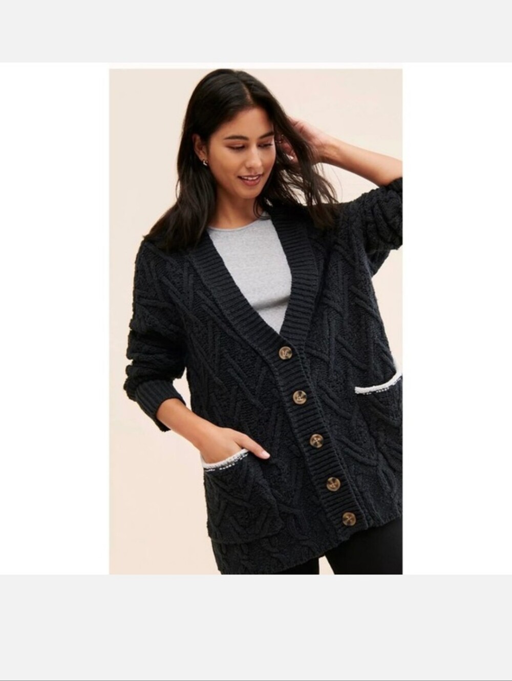 Free People Womens Black Montana Cable Knit Oversized Cardigan cardi Medium*